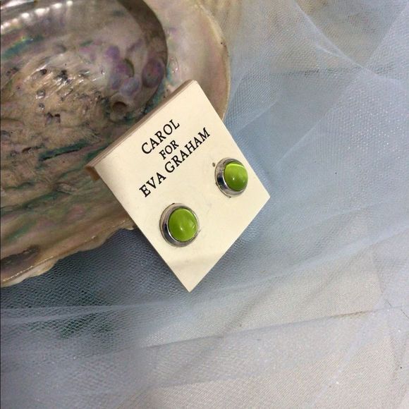 Vintage Carol For Eva Graham Stud Pierced Earrings Silver & Green Round - Picture 9 of 13